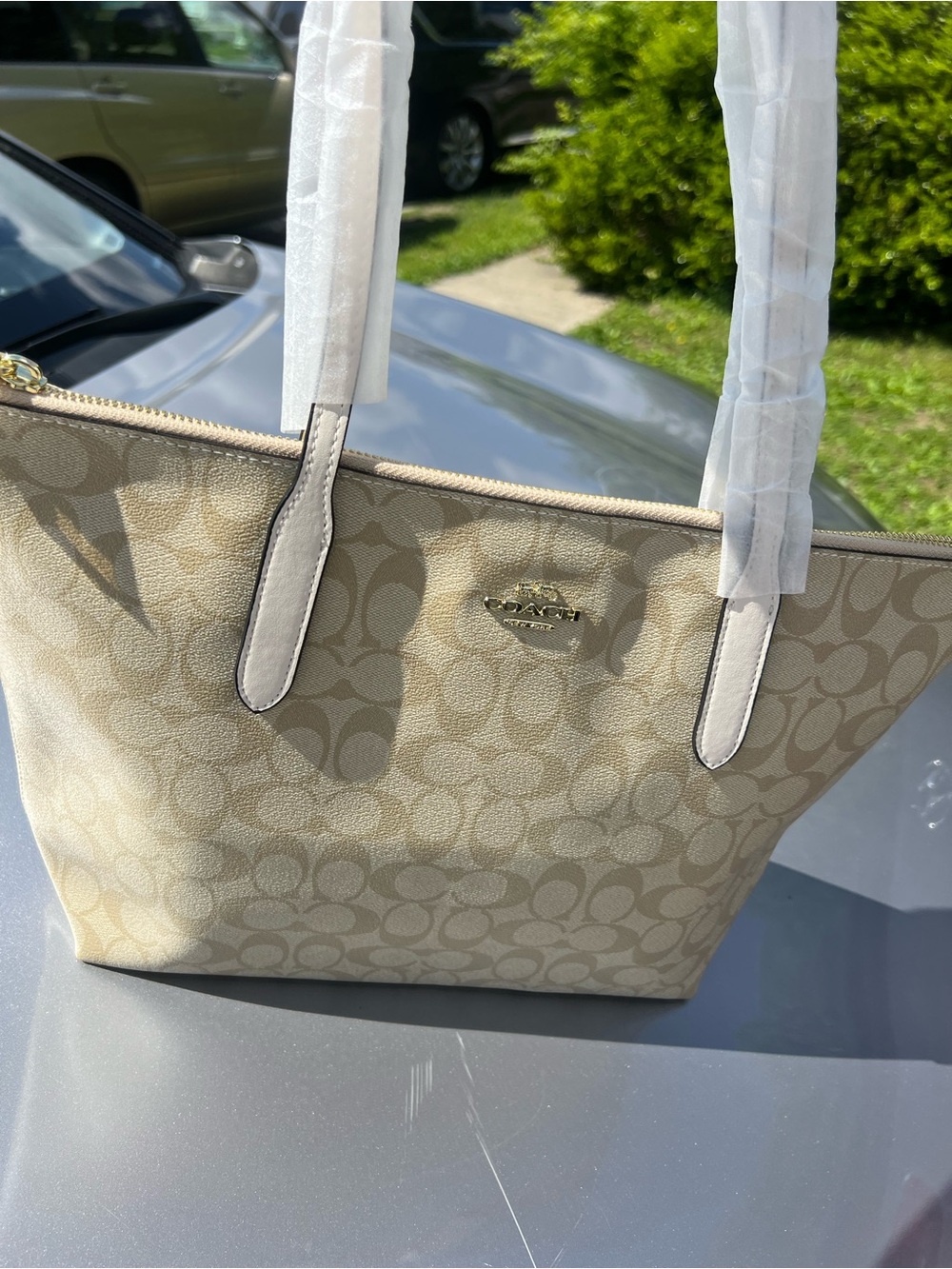Coach Beige Signature Canvas Tote with Pale Leather Trim
